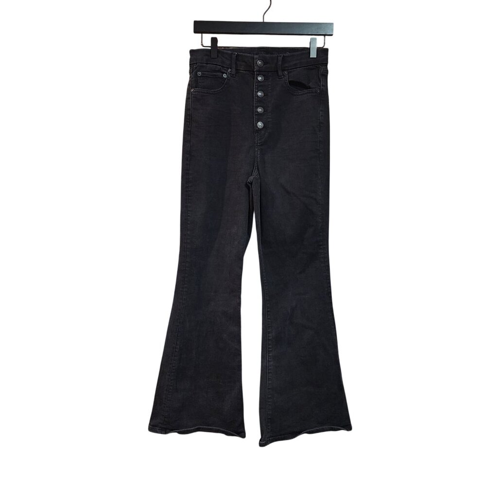 American Eagle Button Fly Curvy Highest Rise Flare Jeans Black Size 8 Regular